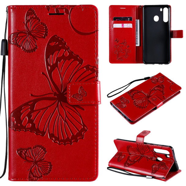 Samsung Galaxy A21 3D Butterflies Embossing Pattern Horizontal Flip Leather Case with Holder & Card Slot & Wallet(Red)