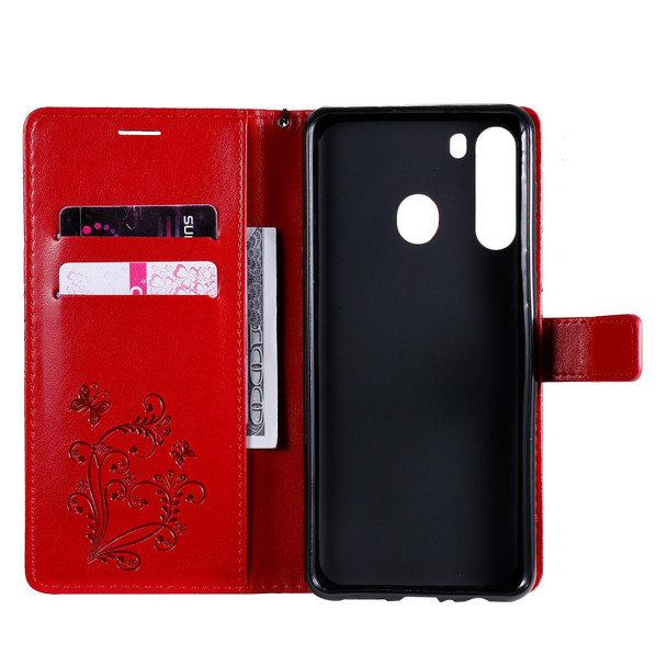 Samsung Galaxy A21 3D Butterflies Embossing Pattern Horizontal Flip Leather Case with Holder & Card Slot & Wallet(Red)