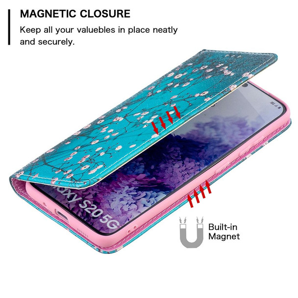 Samsung Galaxy S20 Colored Drawing Pattern Invisible Magnetic Horizontal Flip PU Leather Case with Holder & Card Slots & Wallet(Plum Blossom)