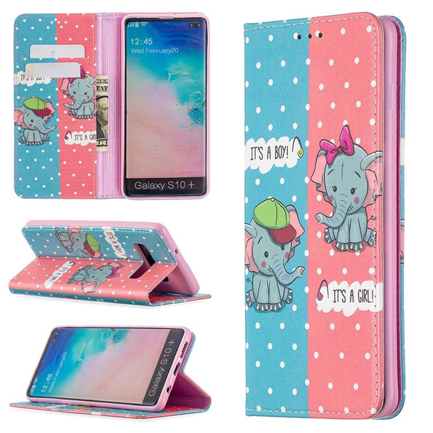 Samsung Galaxy S10 Plus Colored Drawing Pattern Invisible Magnetic Horizontal Flip PU Leather Case with Holder & Card Slots & Wallet(Elephants)