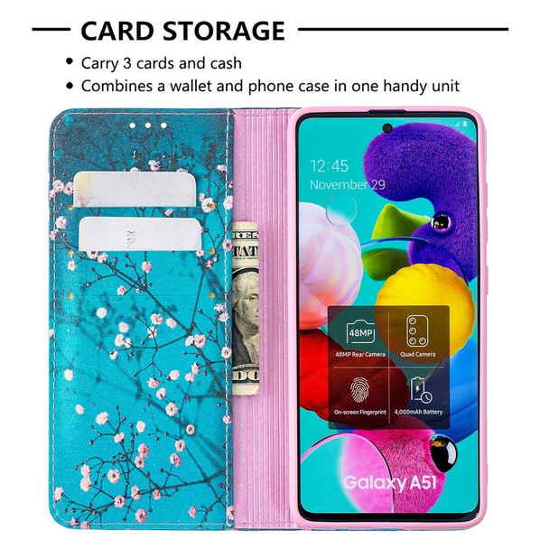 Samsung Galaxy A51 Colored Drawing Pattern Invisible Magnetic Horizontal Flip PU Leather Case with Holder & Card Slots & Wallet(Plum Blossom)