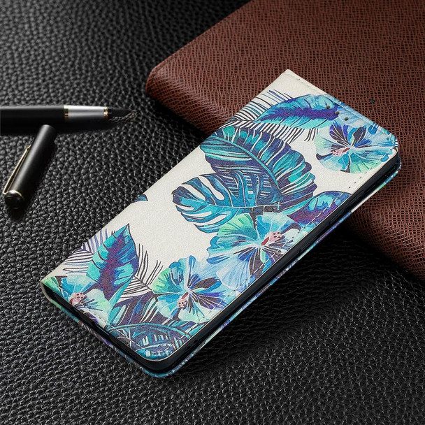 Samsung Galaxy A51 Colored Drawing Pattern Invisible Magnetic Horizontal Flip PU Leather Case with Holder & Card Slots & Wallet(Blue Leaf)