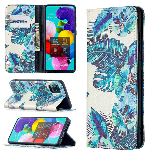 Samsung Galaxy A51 Colored Drawing Pattern Invisible Magnetic Horizontal Flip PU Leather Case with Holder & Card Slots & Wallet(Blue Leaf)