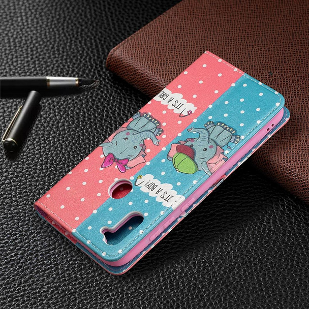 Samsung Galaxy A11 Colored Drawing Pattern Invisible Magnetic Horizontal Flip PU Leather Case with Holder & Card Slots & Wallet(Elephant)