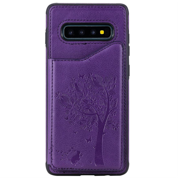 Galaxy S10+ Cat Tree Embossing Pattern Shockproof Protective Case with Card Slots & Photo Frame(Purple)