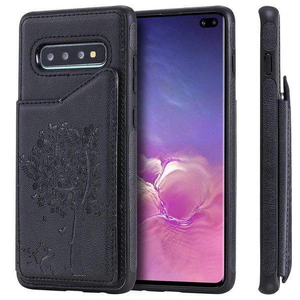Galaxy S10+ Cat Tree Embossing Pattern Shockproof Protective Case with Card Slots & Photo Frame(Black)