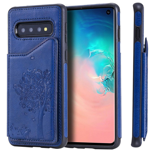 Galaxy S10 Cat Tree Embossing Pattern Shockproof Protective Case with Card Slots & Photo Frame(Blue)