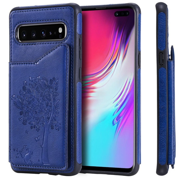 Galaxy S10 5G Cat Tree Embossing Pattern Shockproof Protective Case with Card Slots & Photo Frame(Blue)
