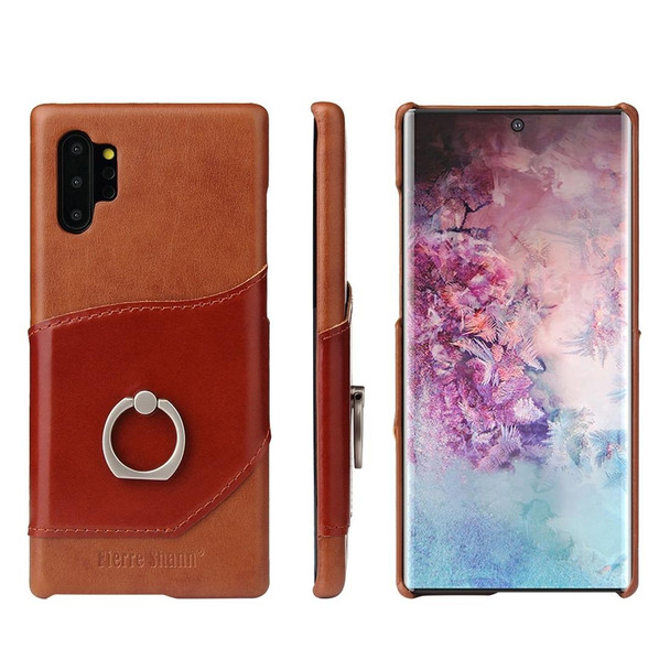 Fierre Shann Oil Wax Texture Genuine Leatherette Back Cover Case with 360 Degree Rotation Holder & Card Slot for Galaxy Note 10+(Brown)