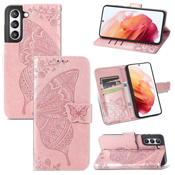 Samsung Galaxy S21 FE Butterfly Love Flowers Embossed Horizontal Flip Leather Case with Holder & Card Slots & Wallet & Lanyard(Rose Gold)