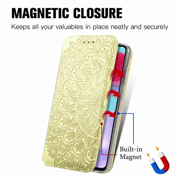 Samsung Galaxy A52 5G / 4G Blooming Mandala Embossed Pattern Magnetic Horizontal Flip Leather Case with Holder & Card Slots & Wallet(Yellow)