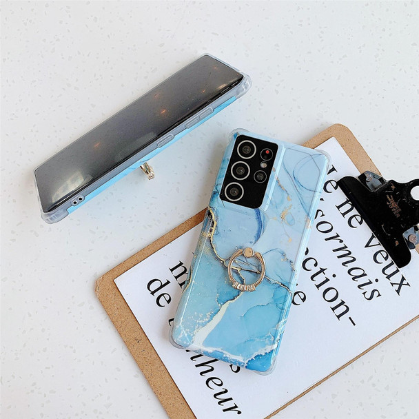 Four Corners Anti-Shattering Gold Marble IMD Phone Case with Metal Rhinestone Ring Holder - Samsung Galaxy S20 Ultra(Orang Blue LQ4)