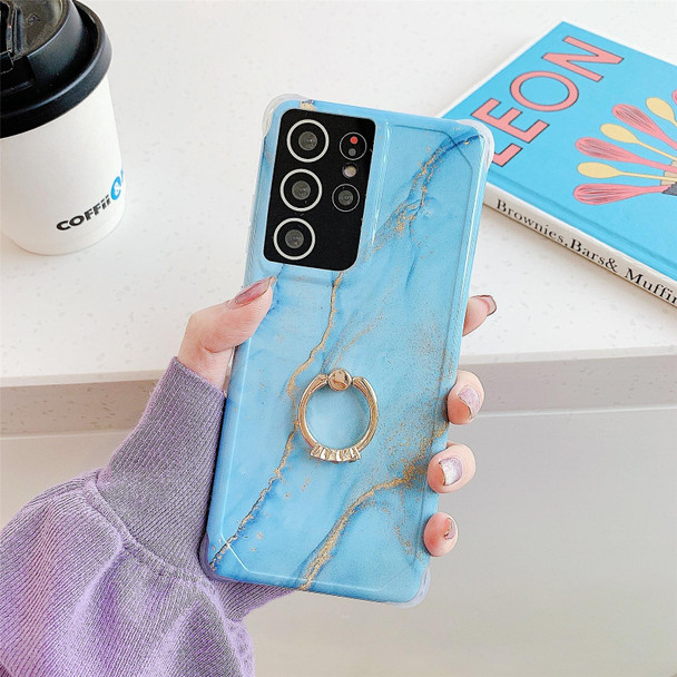 Four Corners Anti-Shattering Gold Marble IMD Phone Case with Metal Rhinestone Ring Holder - Samsung Galaxy S20(Sky Blue LQ8)