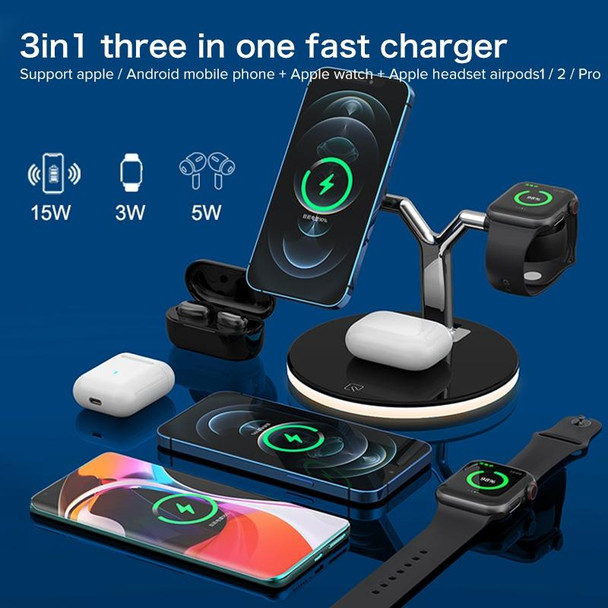 3 in 1 15W Multi-function Magnetic Wireless Charger for Mobile Phones & Apple Watches & AirPods 1 / 2 / Pro, with Colorful LED Light(Black)