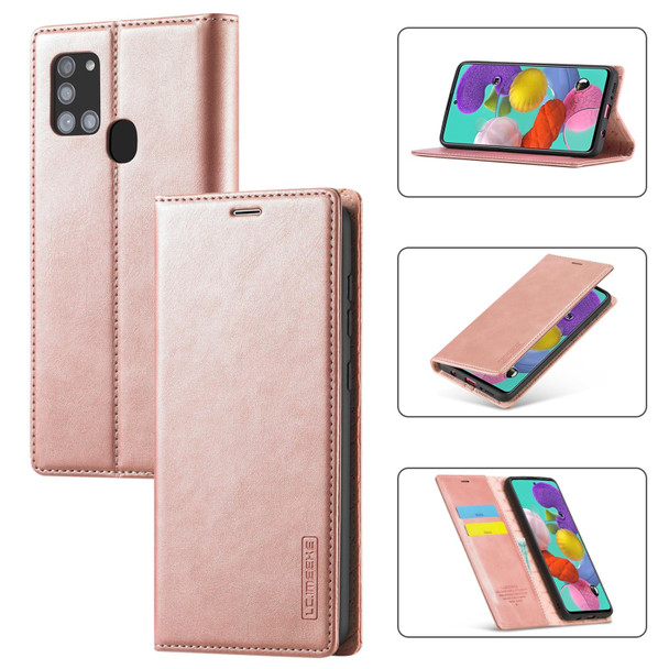 Samsung Galaxy A21s LC.IMEEK Strong Magnetism Ultra-thin Horizontal Flip Shockproof Matte TPU + PU Leather Case with Holder & Card Slots & Wallet(Rose Gold)