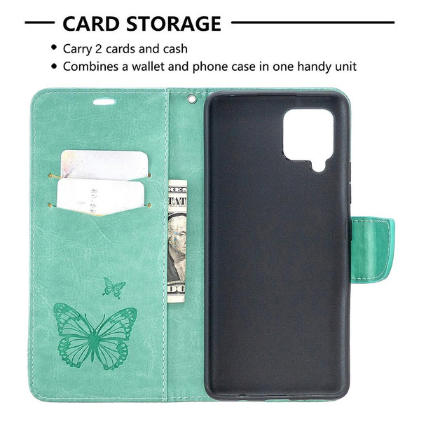 Samsung Galaxy A42 5G Embossing Two Butterflies Pattern Horizontal Flip PU Leather Case with Holder & Card Slot & Wallet & Lanyard(Green)