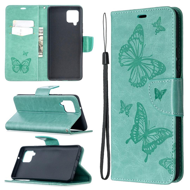 Samsung Galaxy A42 5G Embossing Two Butterflies Pattern Horizontal Flip PU Leather Case with Holder & Card Slot & Wallet & Lanyard(Green)