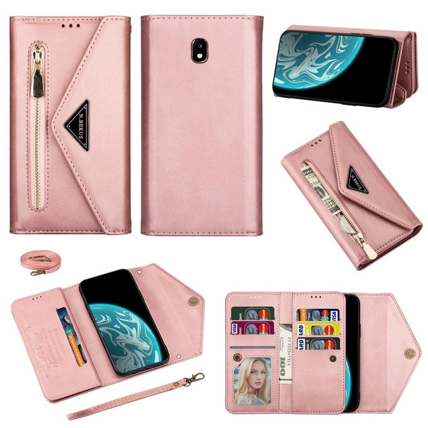 Samsung Galaxy J7 (2017) / J730 EU Version Skin Feel Zipper Horizontal Flip Leather Case with Holder & Card Slots & Photo Frame & Lanyard & Long Rope(Rose Gold)