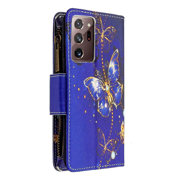 Samsung Galaxy Note20 Ultra 5G Colored Drawing Pattern Zipper Horizontal Flip Leather Case with Holder & Card Slots & Wallet(Purple Butterfly)