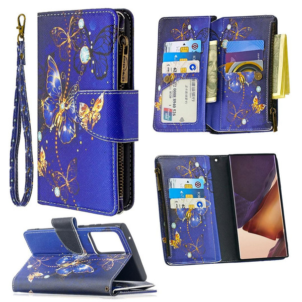 Samsung Galaxy Note20 Ultra 5G Colored Drawing Pattern Zipper Horizontal Flip Leather Case with Holder & Card Slots & Wallet(Purple Butterfly)
