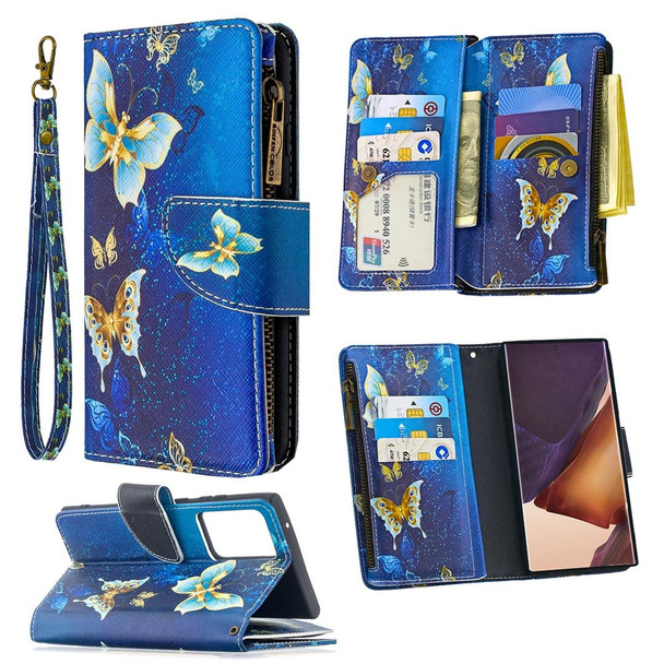 Samsung Galaxy Note20 Ultra 5G Colored Drawing Pattern Zipper Horizontal Flip Leather Case with Holder & Card Slots & Wallet(Gold Butterfly)