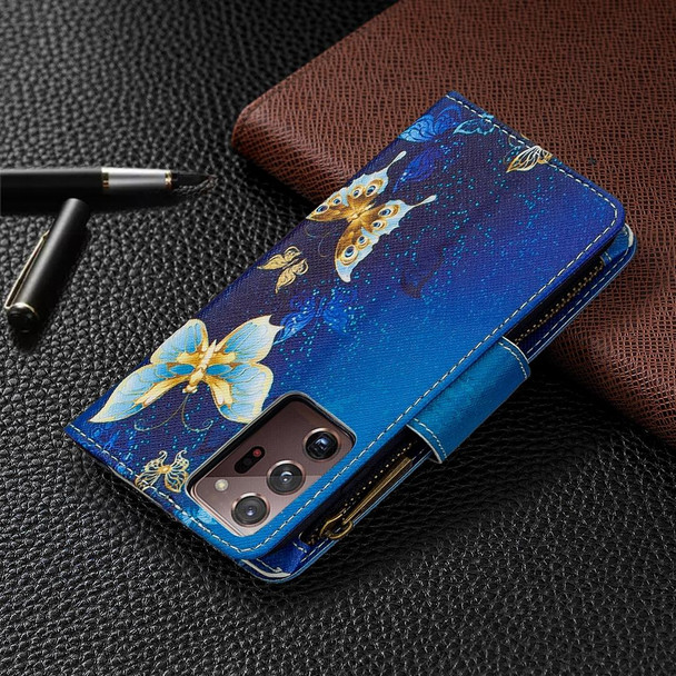 Samsung Galaxy Note20 Ultra 5G Colored Drawing Pattern Zipper Horizontal Flip Leather Case with Holder & Card Slots & Wallet(Gold Butterfly)