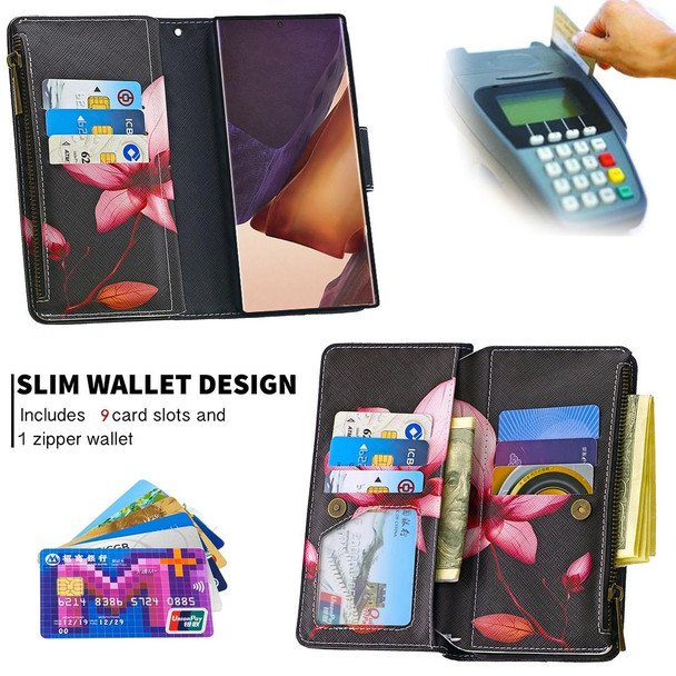 Samsung Galaxy Note20 Ultra 5G Colored Drawing Pattern Zipper Horizontal Flip Leather Case with Holder & Card Slots & Wallet(Lotus)