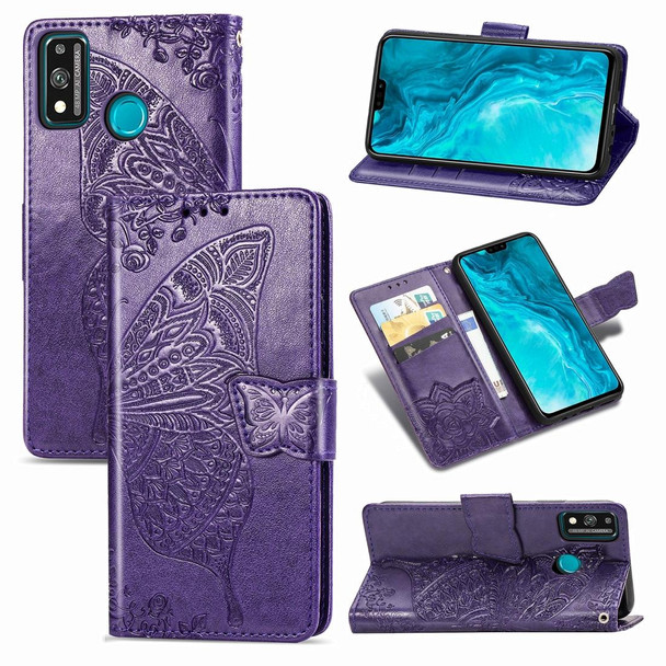 Huawei Honor 9X Lite Butterfly Love Flower Embossed Horizontal Flip Leather Case with Bracket / Card Slot / Wallet / Lanyard(Dark Purple)