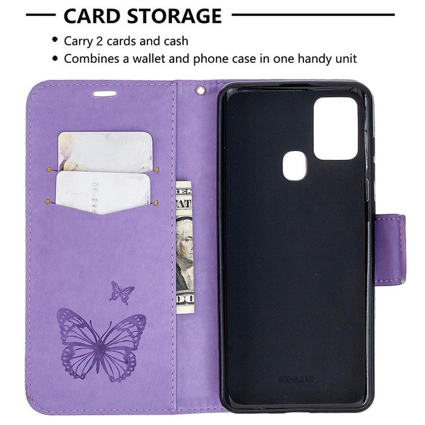 Samsung Galaxy A21s Embossing Two Butterflies Pattern Horizontal Flip PU Leather Case with Holder & Card Slot & Wallet & Lanyard(Purple)