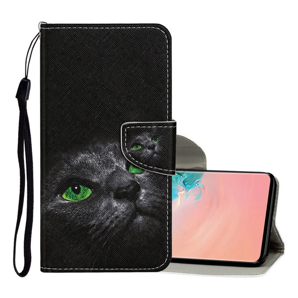 Samsung Galaxy S10 Colored Drawing Pattern Horizontal Flip Leather Case with Holder & Card Slots & Wallet & Lanyard(Black Cat)