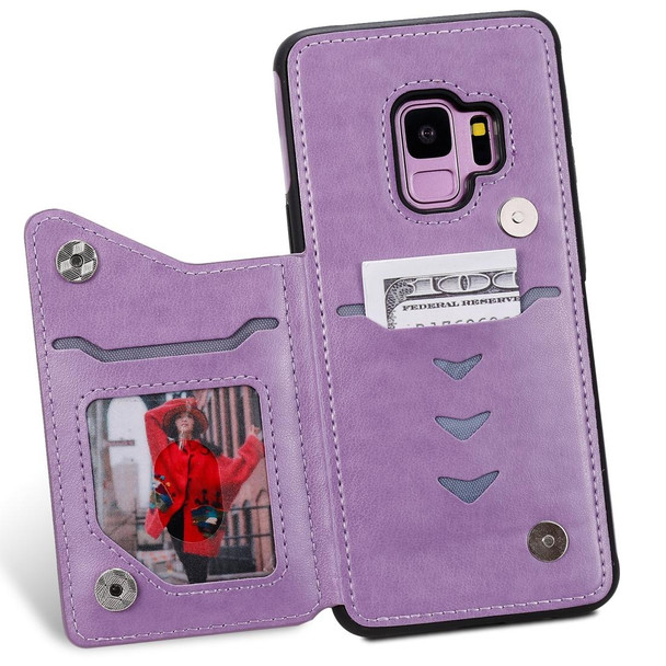 Galaxy S9 Cat Bee Embossing Pattern Shockproof Protective Case with Card Slots & Photo Frame(Purple)