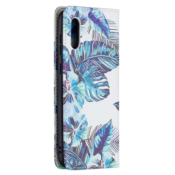 Samsung Galaxy A02 Colored Drawing Pattern Invisible Magnetic Horizontal Flip PU Leather Case with Holder & Card Slots & Wallet(Blue Leaves)