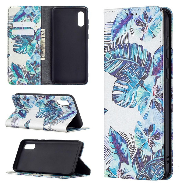Samsung Galaxy A02 Colored Drawing Pattern Invisible Magnetic Horizontal Flip PU Leather Case with Holder & Card Slots & Wallet(Blue Leaves)