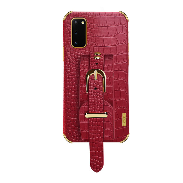 Electroplated TPU Crocodile Pattern Leatherette Case with Wrist Strap - Samsung Galaxy S20(Red)