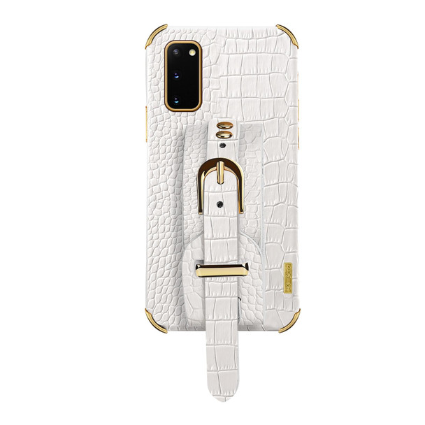 Electroplated TPU Crocodile Pattern Leatherette Case with Wrist Strap - Samsung Galaxy S20(White)
