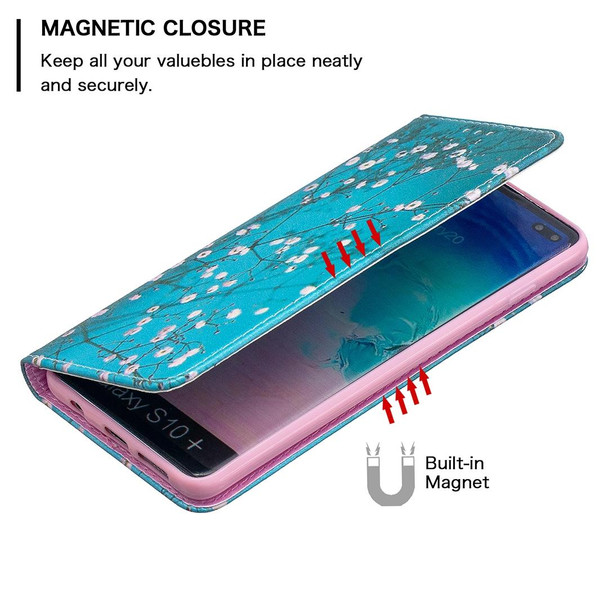 Samsung Galaxy S10 Plus Colored Drawing Pattern Invisible Magnetic Horizontal Flip PU Leather Case with Holder & Card Slots & Wallet(Plum Blossom)