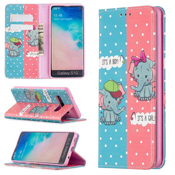 Samsung Galaxy S10 Colored Drawing Pattern Invisible Magnetic Horizontal Flip PU Leather Case with Holder & Card Slots & Wallet(Elephants)