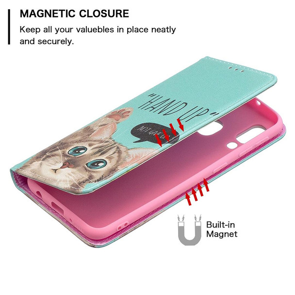 Samsung Galaxy A40 Colored Drawing Pattern Invisible Magnetic Horizontal Flip PU Leather Case with Holder & Card Slots & Wallet(Cat)
