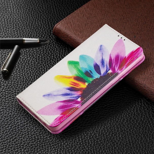 Samsung Galaxy A21 Colored Drawing Pattern Invisible Magnetic Horizontal Flip PU Leather Case with Holder & Card Slots & Wallet(Sun Flower)