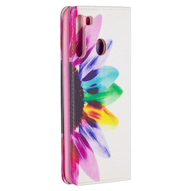 Samsung Galaxy A21 Colored Drawing Pattern Invisible Magnetic Horizontal Flip PU Leather Case with Holder & Card Slots & Wallet(Sun Flower)