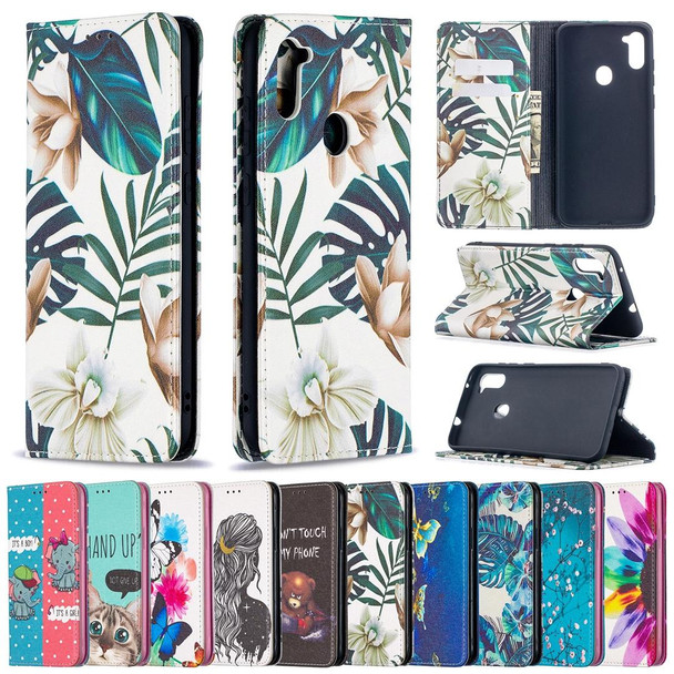 Samsung Galaxy A11 Colored Drawing Pattern Invisible Magnetic Horizontal Flip PU Leather Case with Holder & Card Slots & Wallet(Sun Flower)