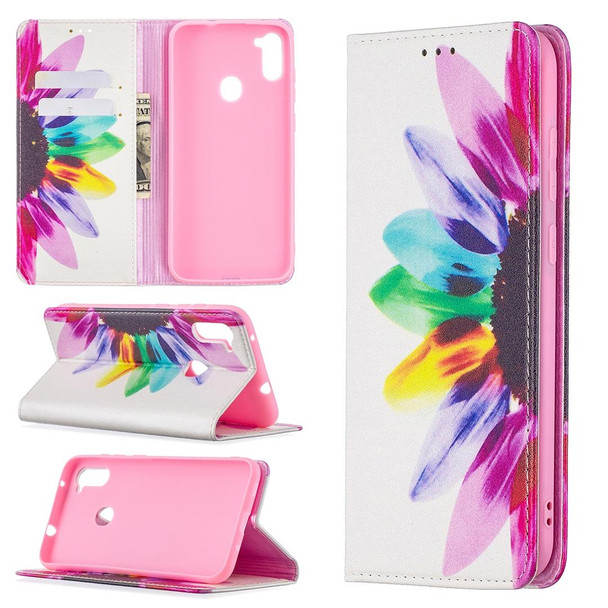 Samsung Galaxy A11 Colored Drawing Pattern Invisible Magnetic Horizontal Flip PU Leather Case with Holder & Card Slots & Wallet(Sun Flower)