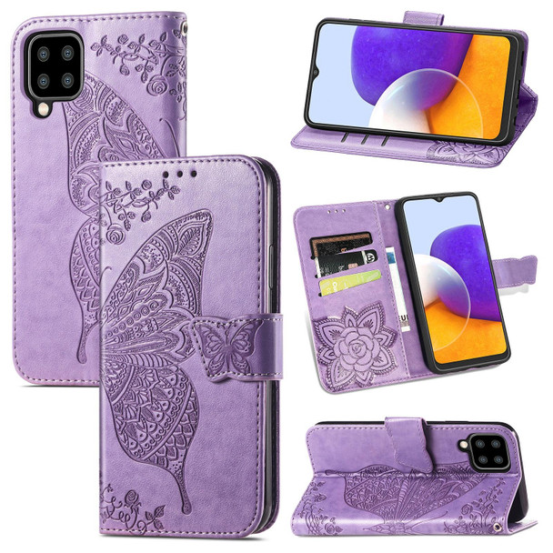 Samsung Galaxy A22 4G Butterfly Love Flowers Embossed Horizontal Flip Leather Case with Holder & Card Slots & Wallet & Lanyard(Light Purple)