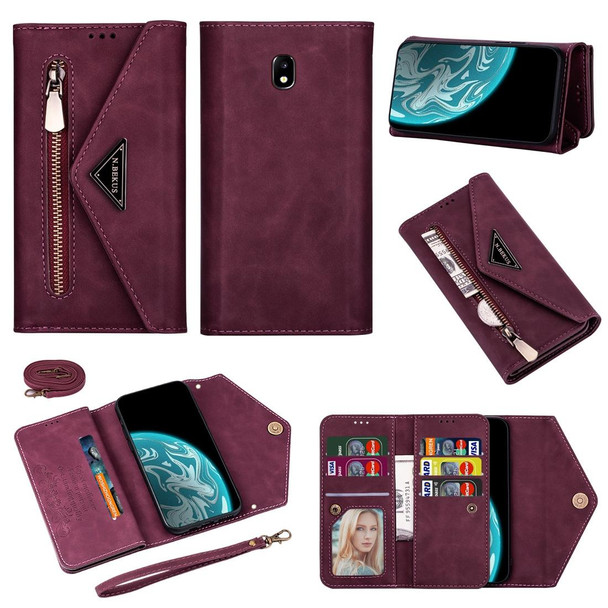 Samsung Galaxy J7 (2017) / J730 EU Version Skin Feel Zipper Horizontal Flip Leather Case with Holder & Card Slots & Photo Frame & Lanyard & Long Rope(Wine Red)