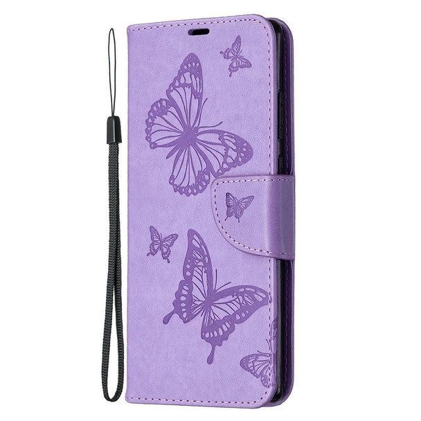 Samsung Galaxy Note20 Embossing Two Butterflies Pattern Horizontal Flip PU Leather Case with Holder & Card Slot & Wallet & Lanyard(Purple)