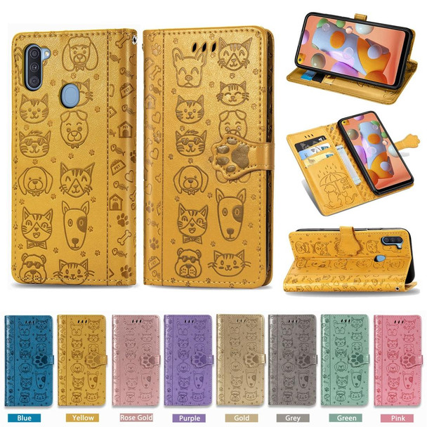 Galaxy M11 Cute Cat and Dog Embossed Horizontal Flip Leather Case with Bracket / Card Slot / Wallet / Lanyard(Green)