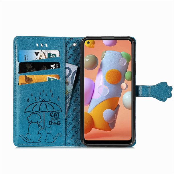 Galaxy M11 Cute Cat and Dog Embossed Horizontal Flip Leather Case with Bracket / Card Slot / Wallet / Lanyard(Blue)