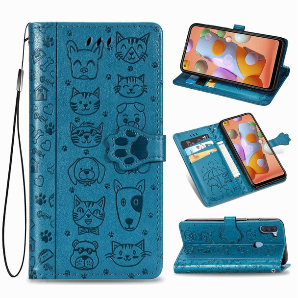 Galaxy M11 Cute Cat and Dog Embossed Horizontal Flip Leather Case with Bracket / Card Slot / Wallet / Lanyard(Blue)