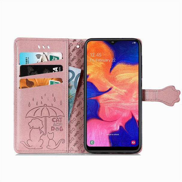 Galaxy A10 Cute Cat and Dog Embossed Horizontal Flip Leather Case with Bracket / Card Slot / Wallet / Lanyard(Rose Gold)