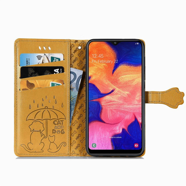 Galaxy A10 Cute Cat and Dog Embossed Horizontal Flip Leather Case with Bracket / Card Slot / Wallet / Lanyard(Yellow)